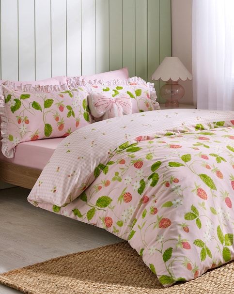 Catherine Lansfield Strawberry Frills Duvet Cover Set with Gingham Reverse