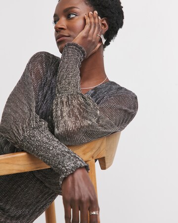 Metallic Pleated Mesh Long Sleeve Dress