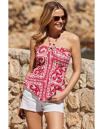 Sosandar Pink Scarf Print Beaded Strap Detail Halter Neck Jersey Top