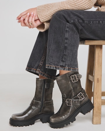 Stevie Multi Buckle Chunky Ankle Biker Boots - Wide Fit (E)