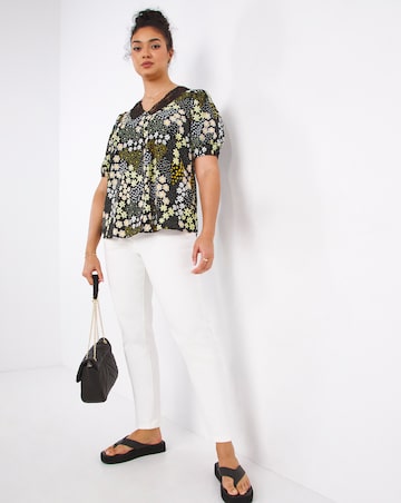 Mix Floral Lace Insert V-Neck Button Through Short Sleeve Blouse