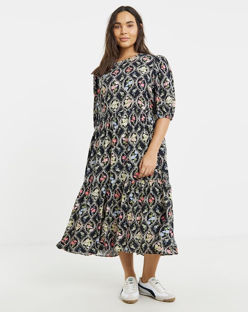 Simply Be Floral Tile Printed Tiered Midi Dress