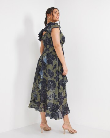 Joanna Hope Khaki Floral Chiffon Tiered Midi Dress
