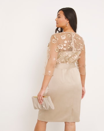 Joanna Hope Latte 3D Lace Scallop Sleeve Satin Midi Dress
