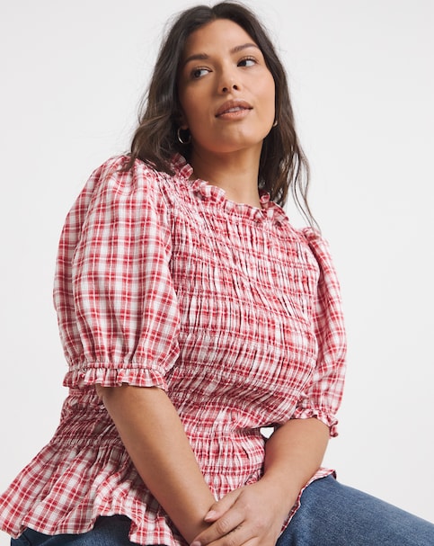 Red Check Shirred Peplum Blouse