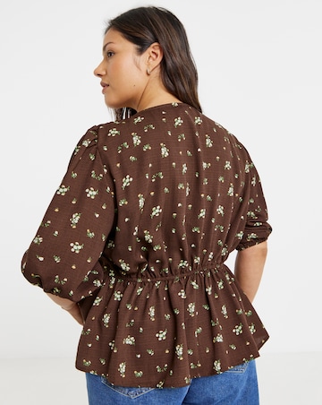 Button Through Chocolate Floral Peplum Blouse