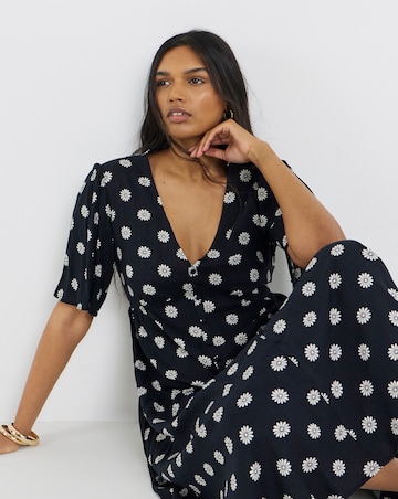 Black Ditsy Print Spun Viscose Button Up Midi Dress