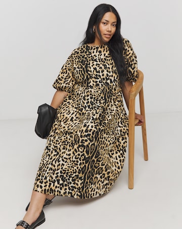 Leopard Print Bow Detail Waffle Midi Dress