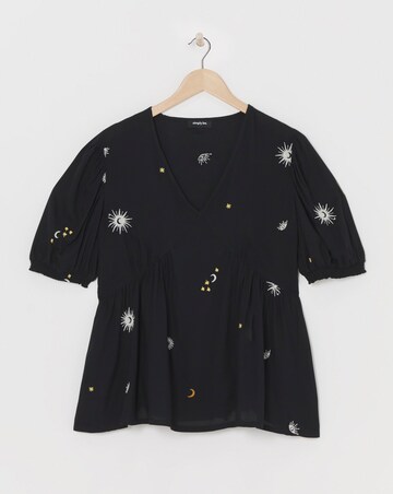 Simply Be Black Celestial Embroidered Puff Sleeve V Neck Top