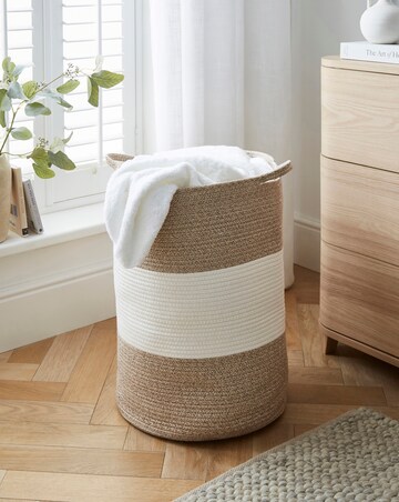 Two Tone Beige Cotton Rope Laundry Hamper