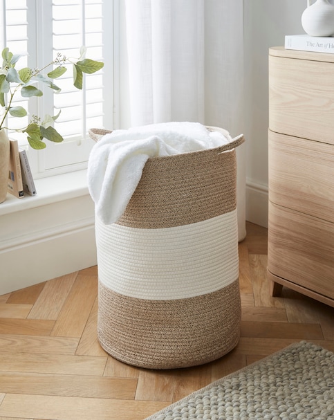 Two Tone Beige Cotton Rope Laundry Hamper