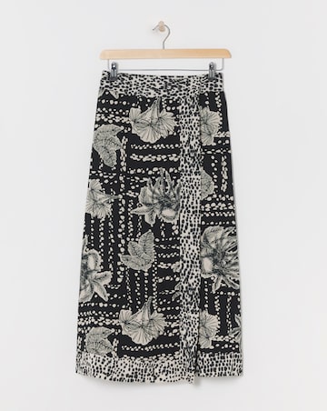 Border Print Linen Mix Midi Wrap Skirt