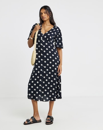 Black Ditsy Print Spun Viscose Button Up Midi Dress