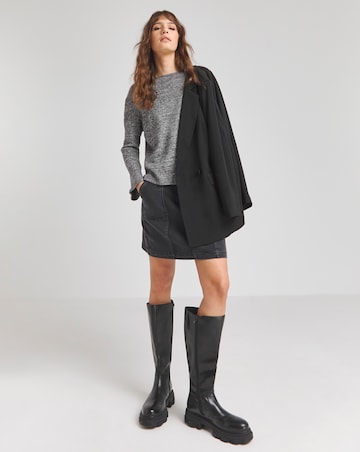 Charcoal Marl Goddess Ribbed Top With Fluted Sleeves