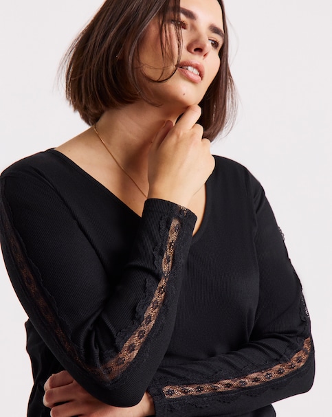 Black Slash Neck Rib Top with Lace Sleeve Detail