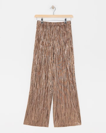 Metallic Copper Plisse Stretch Wide Leg Trousers