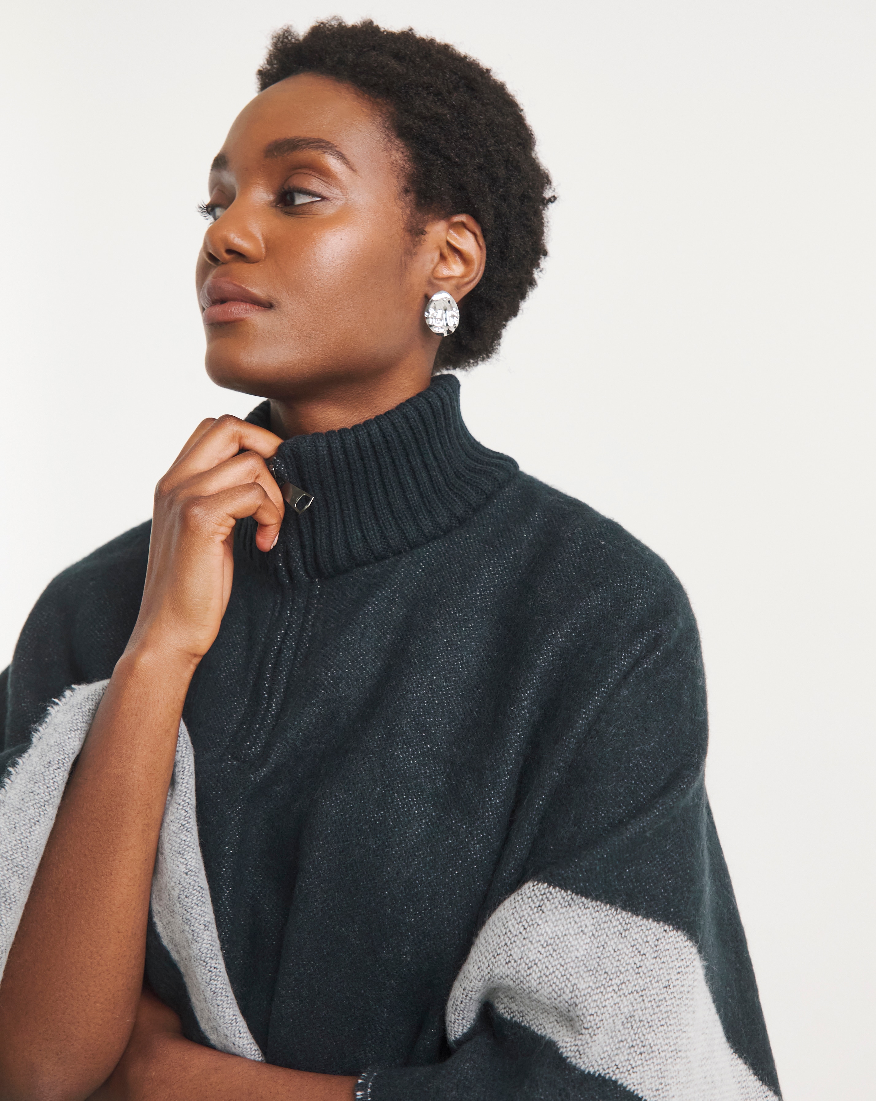 Knitted Poncho Zip Up Poncho Sweater Funnel Neck Zip Up Poncho
