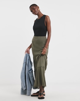 Khaki Linen Mix Frayed Hem Skirt