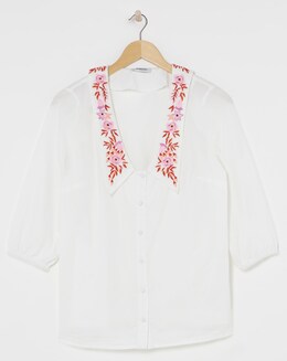 Simply Be Ivory Poplin Blouse with Embroidered Collar
