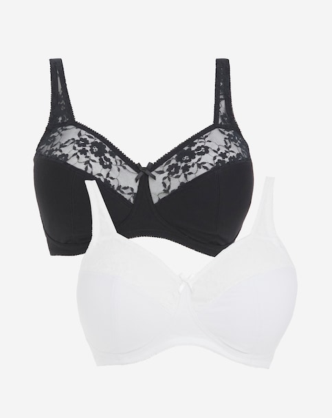 Pretty Secrets (2 Pack) Cotton Lace Non Wired Full Cup Bras (B-G) White/Black
