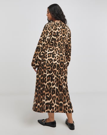 Leopard Print Long Sleeve Waffle Lace Trim Midi Dress