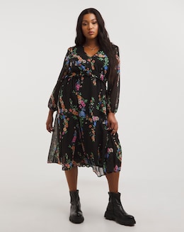 Floral Print Long Sleeve Frill Tiered Midi Dress
