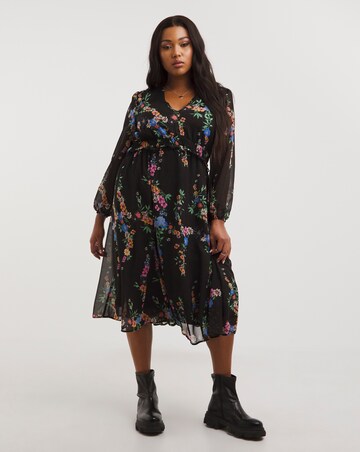 Floral Print Long Sleeve Frill Tiered Midi Dress