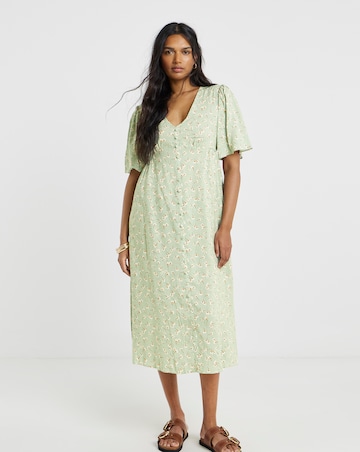 Sage Ditsy Print Spun Viscose Button Up Midi Dress