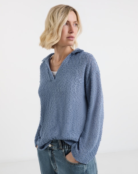Blue Boucle V-Neck Collared Long Sleeve Top