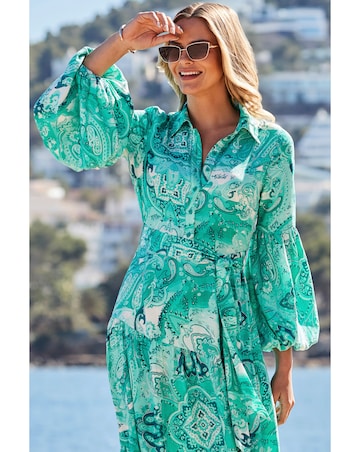 Sosandar Green Paisley Print Tiered Hem Maxi Shirt Dress