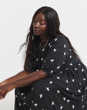 Black Ditsy Print Supersoft Tiered Midi Dress