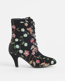 Joe Browns Black Velvet Embroidered Lace Up Bootie- Extra Wide Fit (EEE)