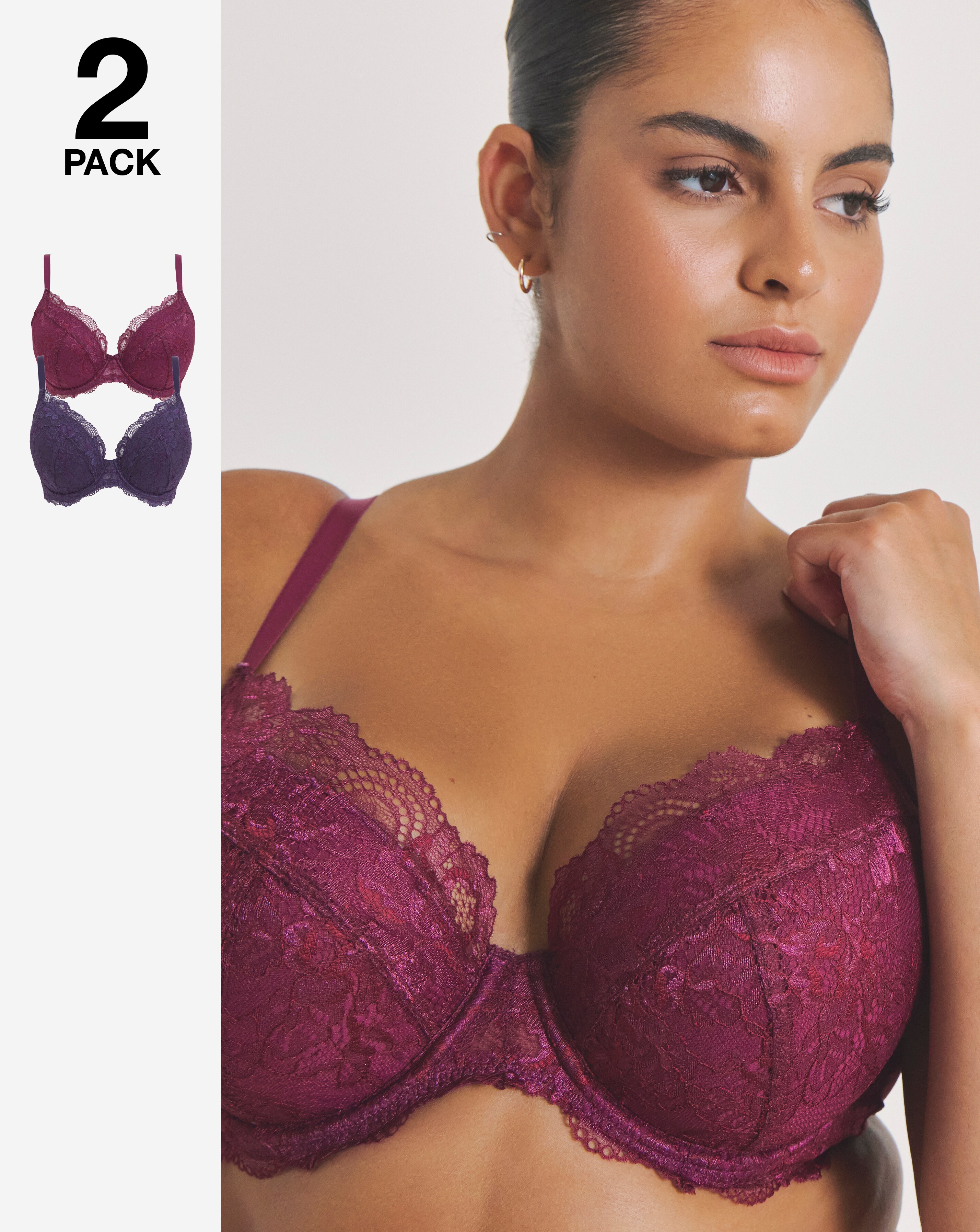 Pretty Secrets (2 Pack) New Ella Padded Plunge Wired Bras (B-G) Fig/Cherry