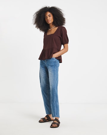 Chocolate Stretch Broderie Square Neck Peplum Top