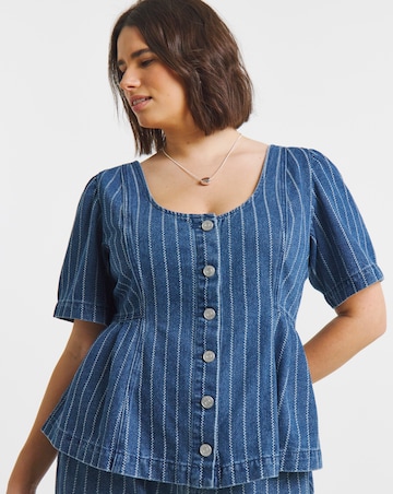 Dark Blue Jacquard Stripe Denim Peplum Top Co Ord