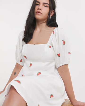 White Poplin Embroidered Fruit Skater Dress