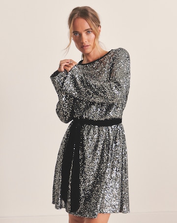 Silver Sequin Skater Dress With Satin Belt