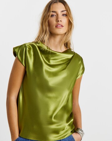 Olive Satin Draped Sleeveless Blouse