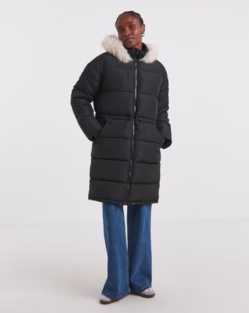 Black Fur Trim Longline Padded Coat