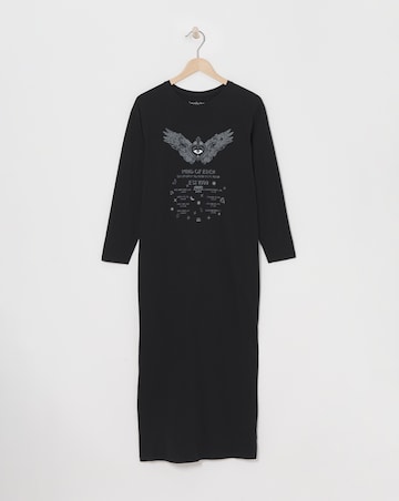 Black Cotton Jersey Long Sleeve Graphic T-Shirt Dress