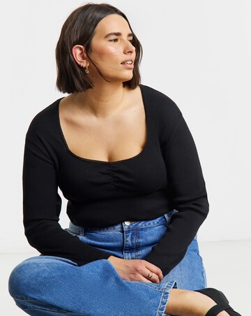 Simply Be Black Square Neck Long Sleeve Ribbed Top