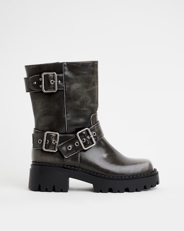 Stevie Multi Buckle Chunky Ankle Biker Boots - Wide Fit (E)