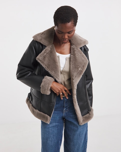Contrast Faux Fur Lined Aviator Jacket