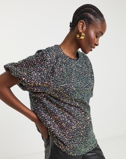 Joanna Hope Sequin Puff Sleeve top