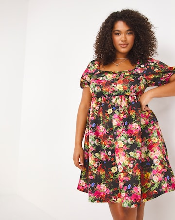 Made In GB Black Floral Printed Scuba Square Neck Smock Dress