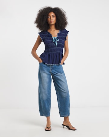 Navy Shirred Peplum V Neck Top