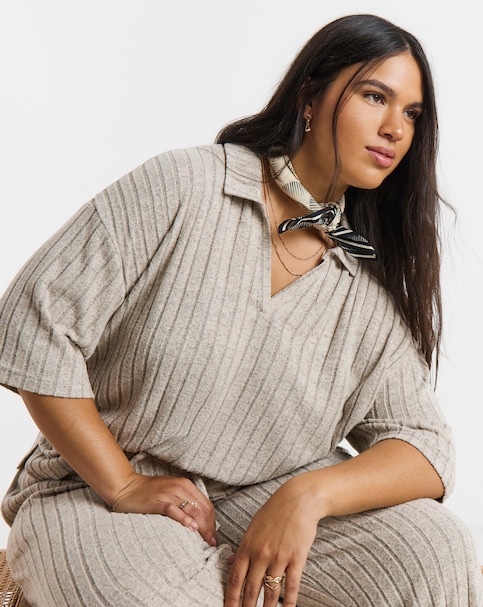 Simply Be Oatmeal Marl Wide Rib Polo Top