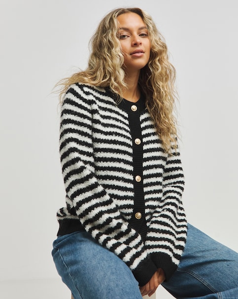 Simply Be Mono Stripe Boxy Boucle Cardigan