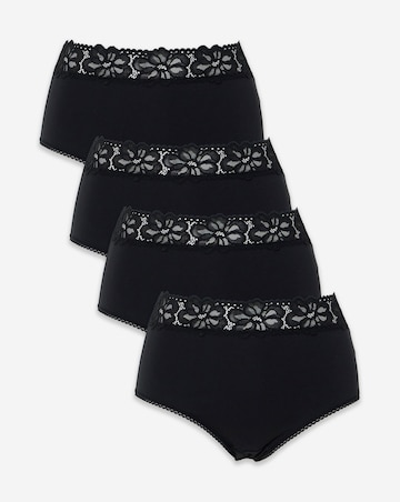 Pretty Secrets (4 Pack) Lace Top Cotton Full Fit Brief Knickers Black