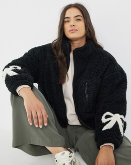 Black Sherpa Teddy with Bow Sleeve Detail
